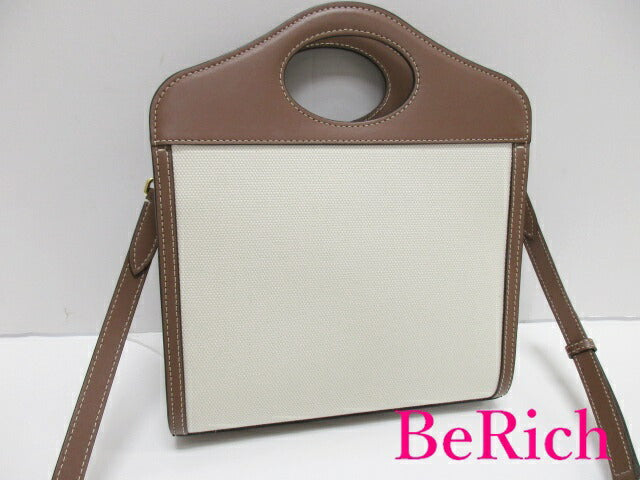 美品 バーバリー BURBERRY ミニ ポケット バッグ 2way ショルダーバッグ ハンドバッグ 8039361 茶 ベージュ キャンバス レザー ロゴ 【中古】【送料無料】 bk8076