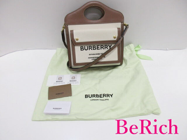 美品 バーバリー BURBERRY ミニ ポケット バッグ 2way ショルダーバッグ ハンドバッグ 8039361 茶 ベージュ キャンバス レザー ロゴ 【中古】【送料無料】 bk8076