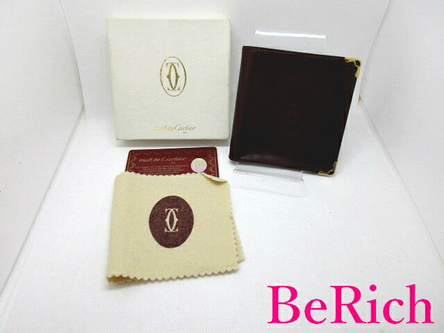 カルティエ Cartier メンズ 二つ折り財布 マスト ボルドー レザー ゴールド 金具 ロゴ コンパクト ウォレット 【中古】【送料無料】 bs2814