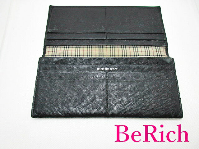 バーバリー BURBERRY 長財布 黒 ブラック レザー ロゴ 二つ折り財布 ロング ウォレット 【中古】【送料無料】 bs2887