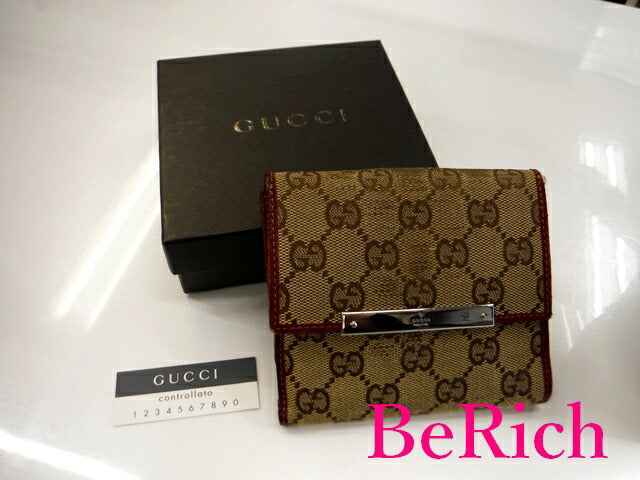グッチ Wホック 二つ折り財布 112664 GG キャンバス レザー 茶 ブラウン 赤 レッド ボルドー GUCCI 【中古】【送料無料】bs3103
