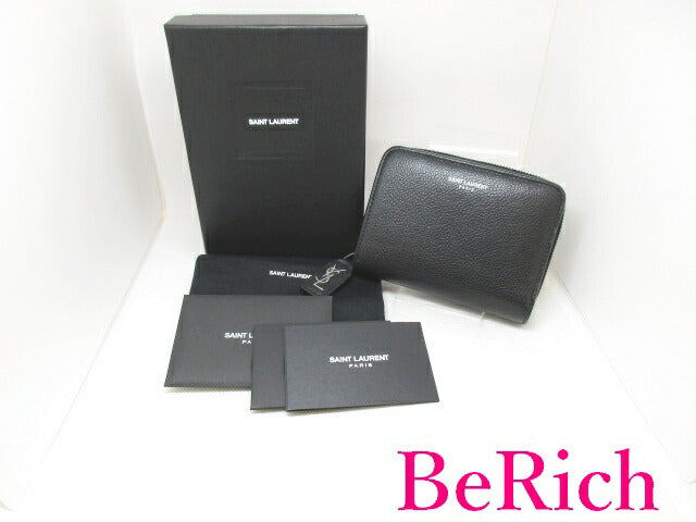 サン ローラン Saint Laurent 二つ折り財布 GUE414661 黒 ブラック レザー YSL ロゴ ラウンドファスナー ミニ コンパクト ウォレット 【中古】【送料無料】bs3125
