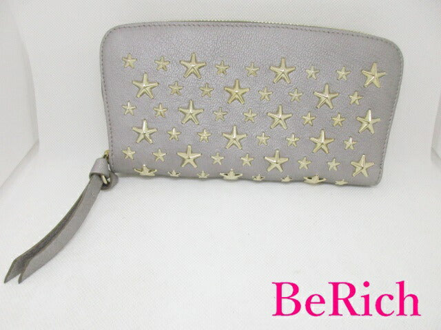 美品 ジミーチュウ ラウンドファスナー 長財布 フィリパ FILLPA スタッズ レザー ライトカーキ ゴールド JIMMY CHOO 【中古】【送料無料】 bs3208