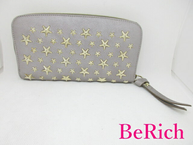 美品 ジミーチュウ ラウンドファスナー 長財布 フィリパ FILLPA スタッズ レザー ライトカーキ ゴールド JIMMY CHOO 【中古】【送料無料】 bs3208