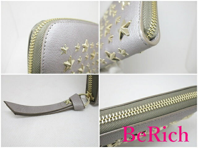 美品 ジミーチュウ ラウンドファスナー 長財布 フィリパ FILLPA スタッズ レザー ライトカーキ ゴールド JIMMY CHOO 【中古】【送料無料】 bs3208