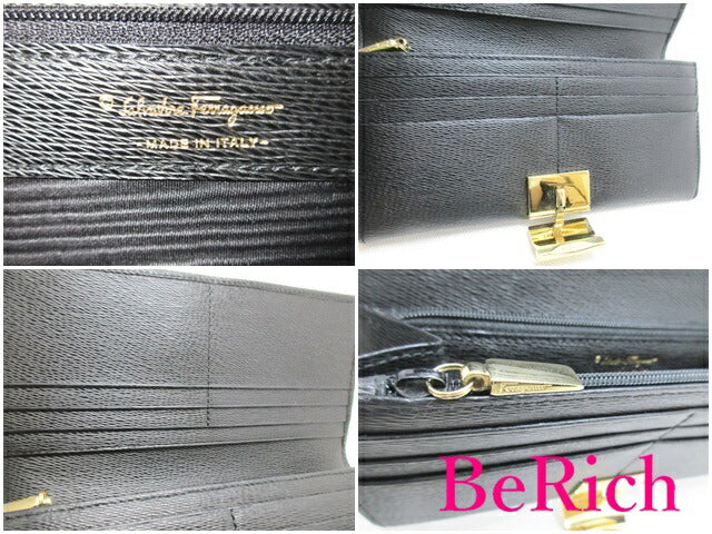 サルヴァトーレ フェラガモ Ferragamo 二つ折り 長財布 IF-22 9299 レザー 黒 ブラック クリップ 金具 財布 ロング ウォレット 【中古】【送料無料】bs3275