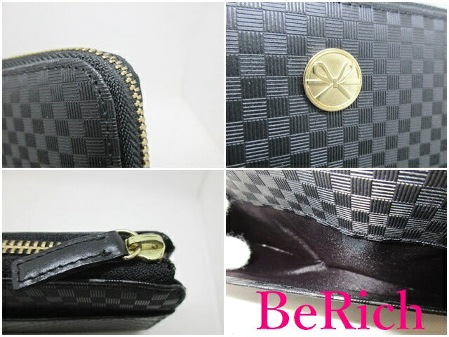 L字 ファスナー 長財布 黒 ブラック PVC 市松 模様 型押し ロゴ 開運 金運系 ロング ウォレット 【中古】【送料無料】h2008