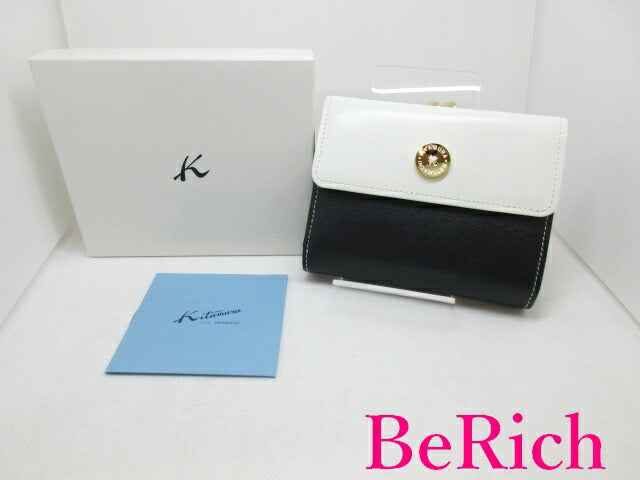 キタムラ Kitamura 二つ折り財布 がま口 白 紺 ホワイト ネイビー レザー ロゴ 中財布 ミディアム コンパクト ウォレット 【中古】【送料無料】 h2023
