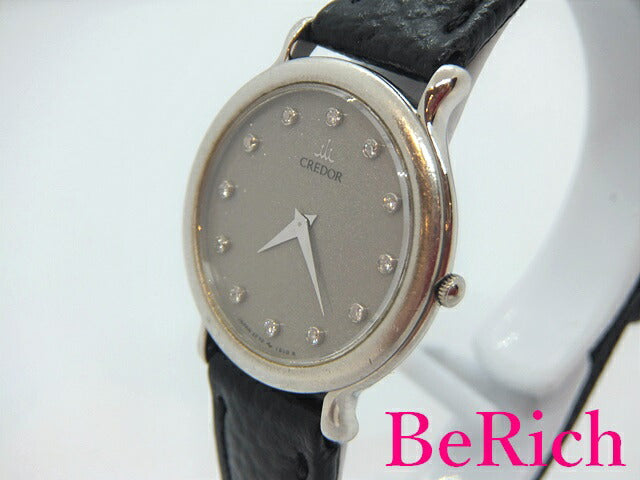 セイコー クレドール SEIKO CREDOR 2F70-0370 12P ダイヤ Pt900 レディース 腕時計 シルバー グレー 文字盤 レザー ブレス クォーツ QZ アナログ ウォッチ プラチナ 【中古】【送料無料】 sb691