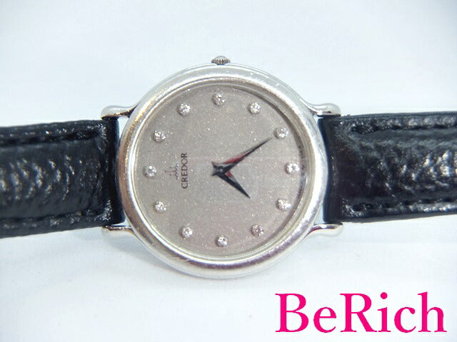 セイコー クレドール SEIKO CREDOR 2F70-0370 12P ダイヤ Pt900 レディース 腕時計 シルバー グレー 文字盤 レザー ブレス クォーツ QZ アナログ ウォッチ プラチナ 【中古】【送料無料】 sb691