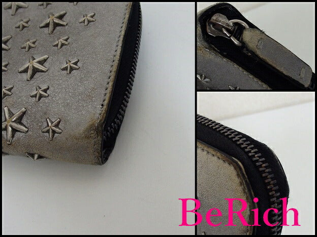ジミーチュウ JIMMY CHOO ラウンド ファスナー 長財布 シルバー ブラック 黒 星 スター スタッズ レザー ロゴ 二つ折り財布 ロング ウォレット 【中古】【送料無料】 sh1262