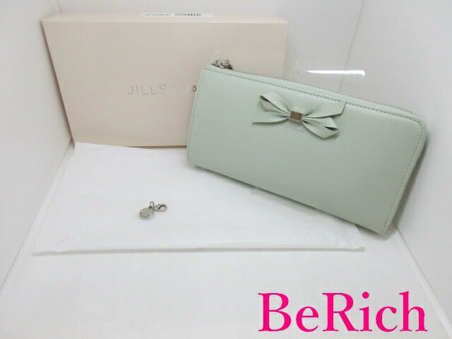 美品 ジルスチュアート JILL STUART L字 ファスナー 長財布 ミント グリーン レザー ロゴ リボン 二つ折り財布 ロング ウォレット 【中古】【送料無料】sh1531