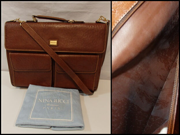 ニナリッチ NinaRicci 2way ブリーフケース ビジネスバッグ オーストリッチ 型押し レザー ブラウン 茶 ハンドバッグ 手提げ 肩掛け バッグ 紳士 メンズ レディース 【中古】【送料無料】sh625