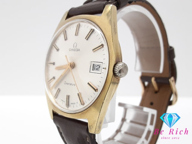 OH済 オメガ OMEGA ジュネーブ デイト 自動巻き メンズ 腕時計 シルバー SS GP レザー ブレス アナログ オートマ AT ウォッチ アンティーク ヴィンテージ Geneve 【中古】【送料無料】 bt3639