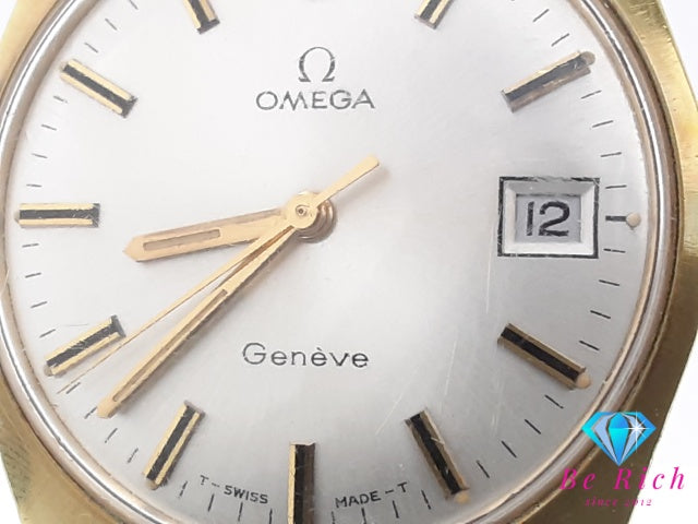 OH済 オメガ OMEGA ジュネーブ デイト 自動巻き メンズ 腕時計 シルバー SS GP レザー ブレス アナログ オートマ AT ウォッチ アンティーク ヴィンテージ Geneve 【中古】【送料無料】 bt3639