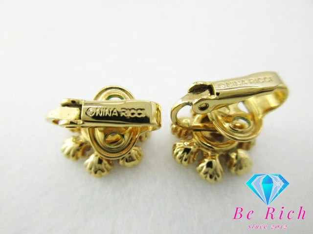 ニナリッチ ロゴ イヤリング ラインストーン フラワー モチーフ ゴールド シルバー GP メッキ アクセサリー NINA RICCI ジュエリー【中古】【送料無料】 ba2431