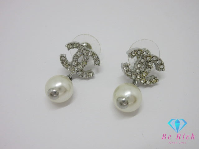 シャネル CHANEL ココマーク フェイクパール ラインストーン 付 スタッド ピアス シルバー CC ロゴ【中古】【送料無料】 ba3190