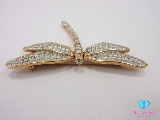スワロフスキー SWAROVSKI トンボ モチーフ ピン ブローチ クリア ゴールド シルバー クリスタル ガラス ジュエリー アクセサリー 【中古】【送料無料】 ba3277