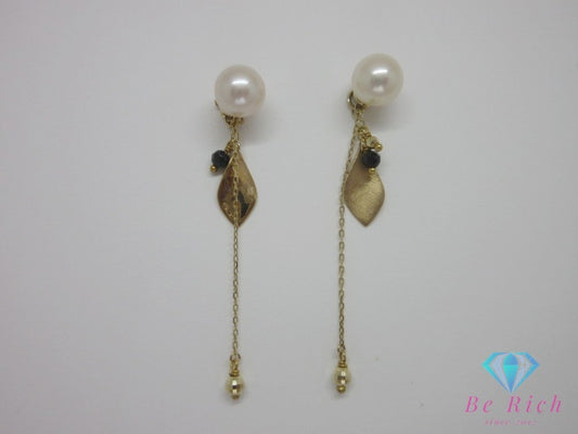 アガット agate K10 YG 真珠 パール 7.5mm 珠 カラーストーン 付 デザイン スタッド ピアス チャーム セット【中古】ba3418