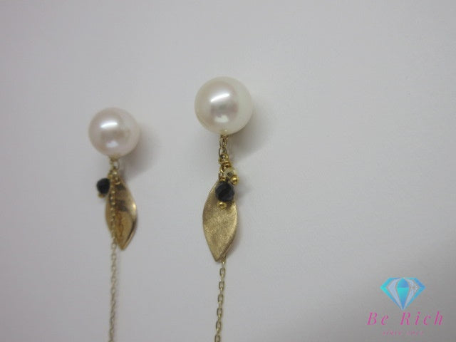 アガット agate K10 YG 真珠 パール 7.5mm 珠 カラーストーン 付 デザイン スタッド ピアス チャーム セット【中古】ba3418