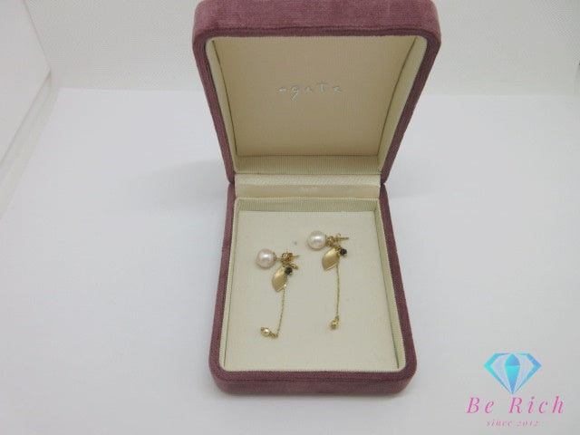 アガット agate K10 YG 真珠 パール 7.5mm 珠 カラーストーン 付 デザイン スタッド ピアス チャーム セット【中古】ba3418