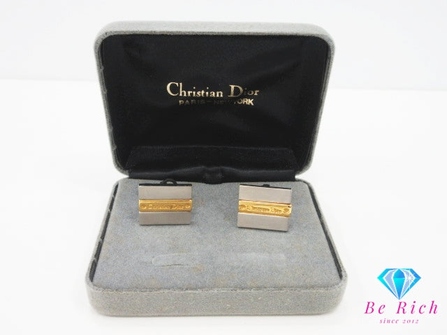 クリスチャン ディオール Christian Dior スクエア型 カフス ボタン シルバー ゴールド メッキ ロゴ カフリンクス ビジネス スーツ 小物 【中古】【送料無料】ba3524