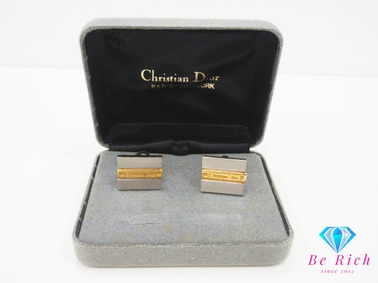 クリスチャン ディオール Christian Dior スクエア型 カフス ボタン シルバー ゴールド メッキ ロゴ カフリンクス ビジネス スーツ 小物 【中古】【送料無料】ba3524