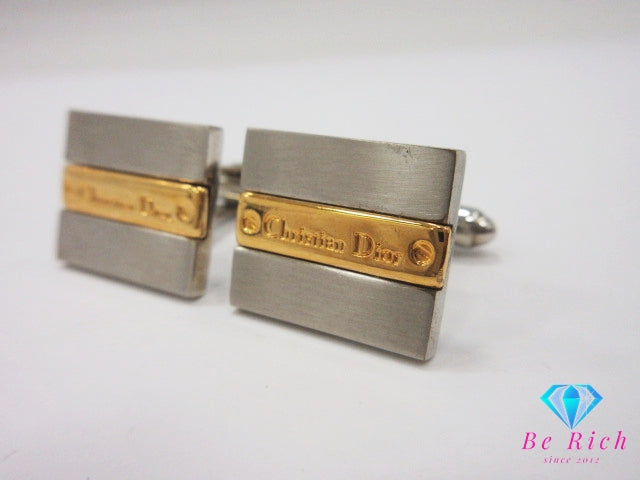 クリスチャン ディオール Christian Dior スクエア型 カフス ボタン シルバー ゴールド メッキ ロゴ カフリンクス ビジネス スーツ 小物 【中古】【送料無料】ba3524