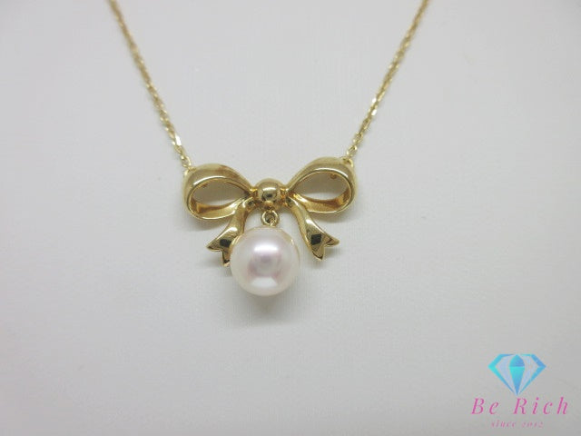ミキモト MIKIMOTO K18 YG パール 7.5 mm 珠 付 リボン モチーフ ネックレス ペンダント 750 18金 イエローゴールド 宝石 ジュエリー アクセサリー   【中古】【送料無料】 ba3624