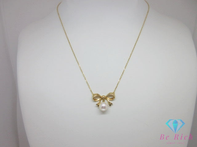 ミキモト MIKIMOTO K18 YG パール 7.5 mm 珠 付 リボン モチーフ ネックレス ペンダント 750 18金 イエローゴールド 宝石 ジュエリー アクセサリー   【中古】【送料無料】 ba3624