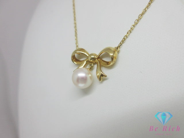 ミキモト MIKIMOTO K18 YG パール 7.5 mm 珠 付 リボン モチーフ ネックレス ペンダント 750 18金 イエローゴールド 宝石 ジュエリー アクセサリー   【中古】【送料無料】 ba3624