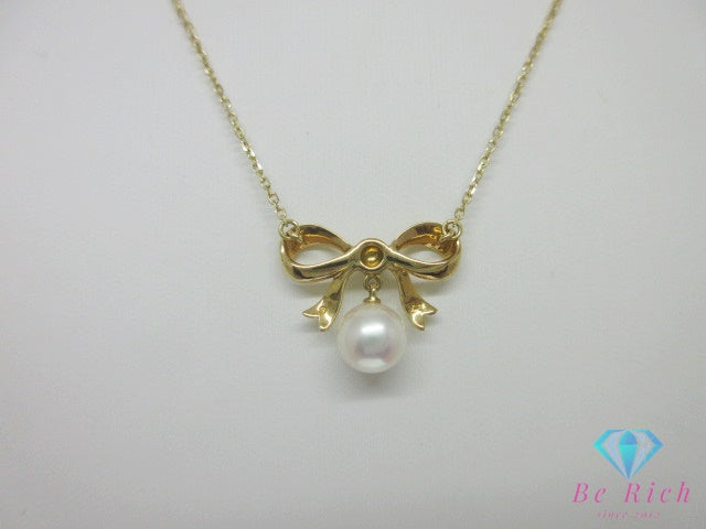 ミキモト MIKIMOTO K18 YG パール 7.5 mm 珠 付 リボン モチーフ ネックレス ペンダント 750 18金 イエローゴールド 宝石 ジュエリー アクセサリー   【中古】【送料無料】 ba3624