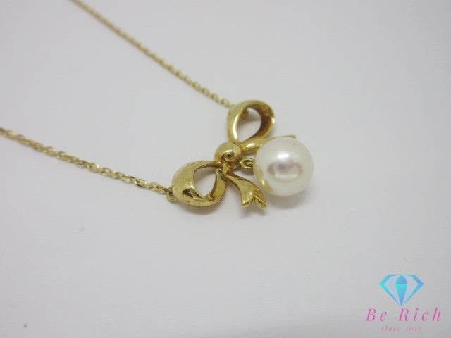 ミキモト MIKIMOTO K18 YG パール 7.5 mm 珠 付 リボン モチーフ ネックレス ペンダント 750 18金 イエローゴールド 宝石 ジュエリー アクセサリー   【中古】【送料無料】 ba3624