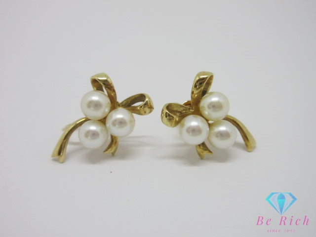 ミキモト MIKIMOTO K18 YG  真珠 パール 付 リボン モチーフ デザイン イヤリング イエロー ゴールド 宝石 ジュエリー アクセサリー  【中古】【送料無料】ba3625
