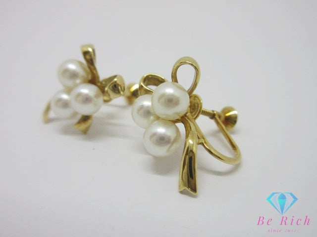 ミキモト MIKIMOTO K18 YG  真珠 パール 付 リボン モチーフ デザイン イヤリング イエロー ゴールド 宝石 ジュエリー アクセサリー  【中古】【送料無料】ba3625