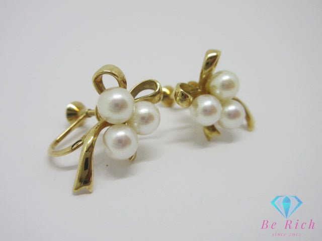 ミキモト MIKIMOTO K18 YG  真珠 パール 付 リボン モチーフ デザイン イヤリング イエロー ゴールド 宝石 ジュエリー アクセサリー  【中古】【送料無料】ba3625