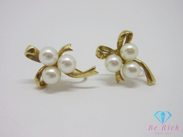 ミキモト MIKIMOTO K18 YG  真珠 パール 付 リボン モチーフ デザイン イヤリング イエロー ゴールド 宝石 ジュエリー アクセサリー  【中古】【送料無料】ba3625