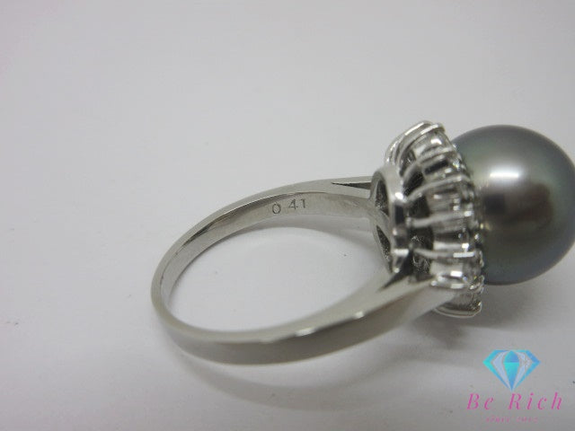 田崎真珠 TASAKI Pt900 プラチナ ブラック パール 黒真珠 10.9mm 珠 ダイヤモンド 0.41ct 付 デザイン リング 指輪 9.5号 シルバー メレ 宝石 ジュエリー アクセサリー 【中古】【送料無料】 ba3671