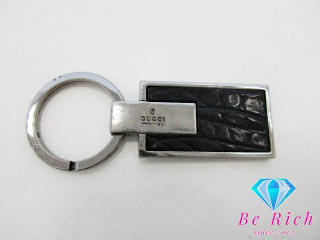 グッチ GUCCI クロコ 型押し キーホルダー キーリング GG レザー カーキ シルバー ロゴ プレート バッグ チャーム 小物  【中古】【送料無料】 bc2029