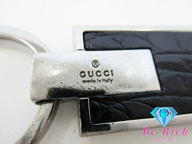 グッチ GUCCI クロコ 型押し キーホルダー キーリング GG レザー カーキ シルバー ロゴ プレート バッグ チャーム 小物  【中古】【送料無料】 bc2029