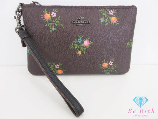 美品 コーチ COACH スモール リストレット ポーチ 22835 PVC レザー 花柄 ブラウン 茶 マルチカラー ロゴ アクセサリー 小物 【中古】【送料無料】 bc2172