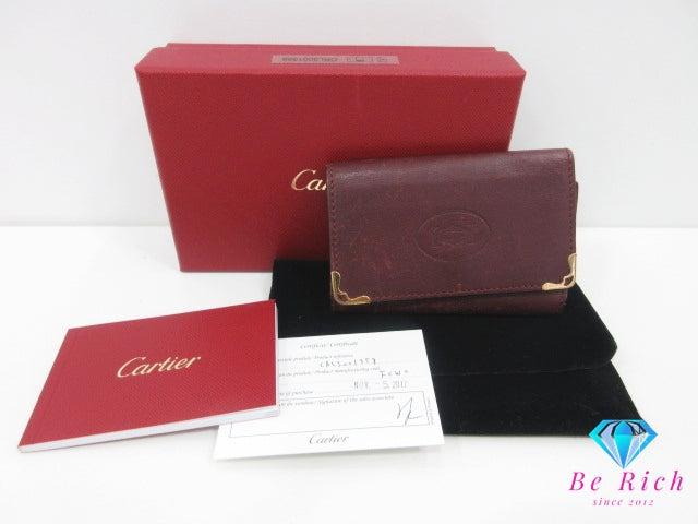 Cartier マスト ドゥ カルティエ 6連 キーケース L3001358 バーガンディ ボルドー レザー ロゴ キーリング キーホルダー アクセサリー 小物 三つ折り 【中古】【送料無料】 bc2196