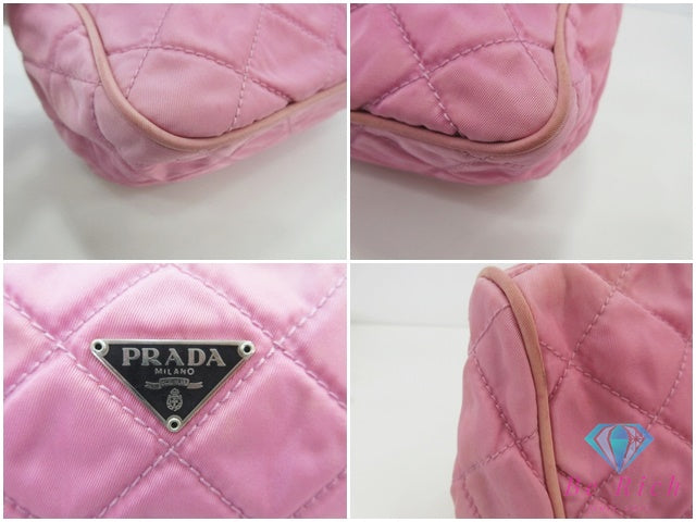 プラダ PRADA キルティング ポーチ MV599 ピンク ナイロン ロゴ 三角 プレート ポコノ コスメ 化粧 アクセサリー 小物 【中古】【送料無料】 bc2223
