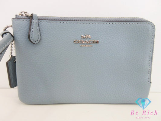 コーチ COACH ハンド ポーチ F87590 ペブルド レザー ダブル コーナー ジップ リストレット 水色 ライトブルー ロゴ アクセサリー 小物 【中古】【送料無料】 bc2237