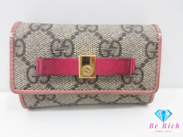 グッチ GUCCI 6連 キーケース 388682 GG スプリーム リボン ベージュ オレンジ ピンク コーティング キャンバス レザー ロゴ キーリング キーホルダー アクセサリー 小物 【中古】【送料無料】 bc2239