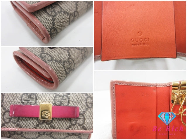 グッチ GUCCI 6連 キーケース 388682 GG スプリーム リボン ベージュ オレンジ ピンク コーティング キャンバス レザー ロゴ キーリング キーホルダー アクセサリー 小物 【中古】【送料無料】 bc2239