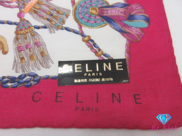 美品 セリーヌ CELINE ハンカチ 2枚 セット ピンク ホワイト 白 ネイビー マルチ ロゴ コットン 綿 小物  【中古】【送料無料】 bc2245