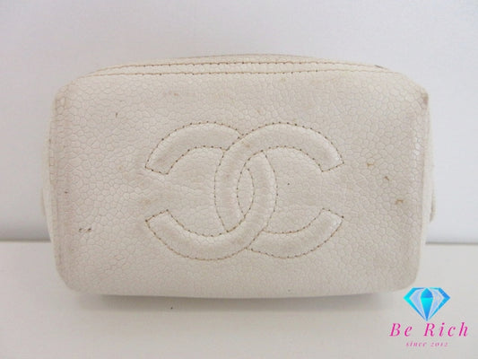 シャネル CHANEL ココマーク コスメ ポーチ ホワイト 白 キャビアスキン レザー CC ロゴ 化粧 アクセサリー マルチ ポーチ 鞄  【中古】【送料無料】 bc2297
