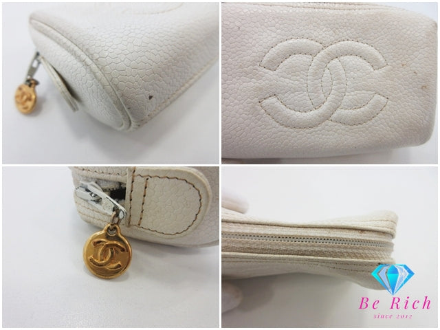 シャネル CHANEL ココマーク コスメ ポーチ ホワイト 白 キャビアスキン レザー CC ロゴ 化粧 アクセサリー マルチ ポーチ 鞄  【中古】【送料無料】 bc2297