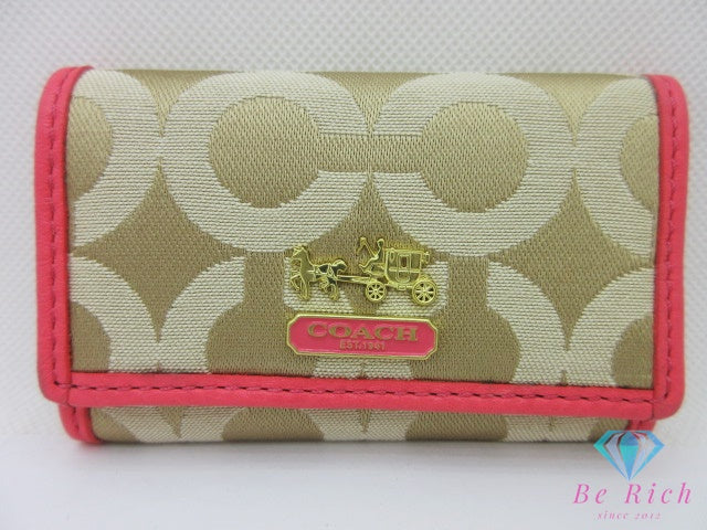 コーチ COACH 6連 キーケース オプアート ベージュ ピンク キャンバス レザー  ロゴ  キーホルダー アクセサリー 小物 【中古】 bc2333
